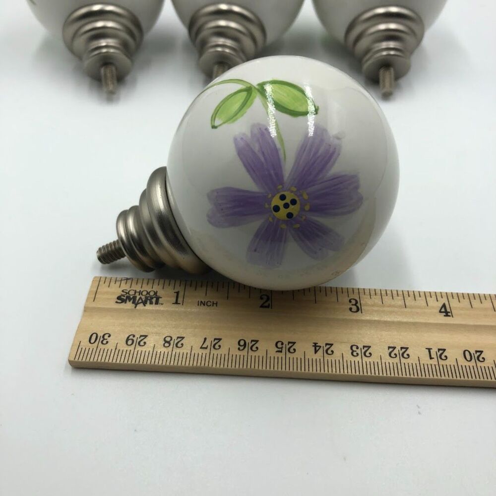 Pottery Barn Floral Ceramic Ball Finials | Set of 4 | Purple & Silver Tone Decor - Picture 5 of 8